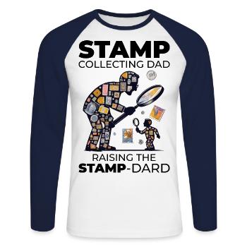 Collectionneur de timbres-poste vintage papa philatéliste - T-shirt baseball manches longues Homme - blanc/marine - Devant - Nik (191cm)
