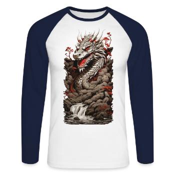 Chinesischer Drache in Ukiyo-E Kunst Landschaft - Unisex Baseballshirt langarm - Weiß/Navy - Vorne - Nik (191cm)