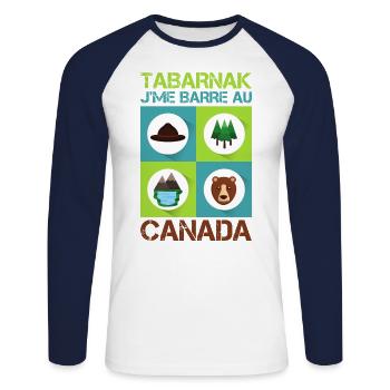 Tabarnak Je Me Barre Au Canada, Feuille D'érable - T-shirt baseball manches longues Homme - blanc/marine - Devant - Nik (191cm)