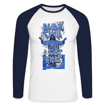 Mec, chill, j’ai eu ça - T-shirt baseball manches longues Homme - blanc/marine - Devant - Nik (191cm)