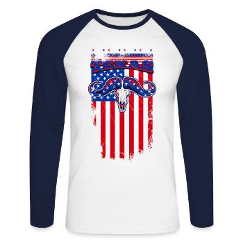 Ein Schöne Texas Longhorns mit US Flaggen Design - Unisex Baseballshirt langarm - Weiß/Navy - Vorne - Nik (191cm)
