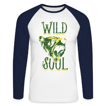A beautiful "Wild Soul" with bear design - Unisex Long Sleeve Baseball T-Shirt - white/navy - Front - Nik (191cm)