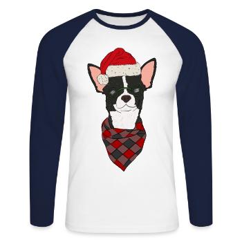 Chihuahua Noël Noir Blanc Shorthair - T-shirt baseball manches longues Homme - blanc/marine - Devant - Nik (191cm)