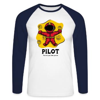 Pilot, Cartoon Spaceman - Unisex Baseballshirt langarm - Weiß/Navy - Vorne - Nik (191cm)