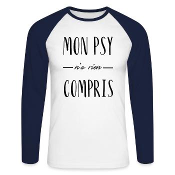 mon psy n'a rien compris - T-shirt baseball manches longues Homme - blanc/marine - Devant - Nik (191cm)