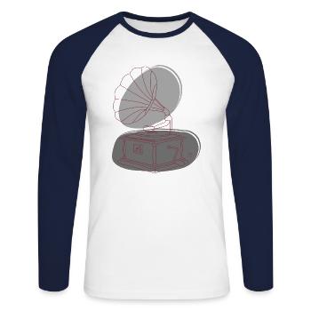 « Gramophone », Boho Line Art Design, série « Music » - T-shirt baseball manches longues Homme - blanc/marine - Devant - Nik (191cm)