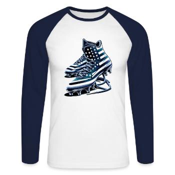 Crampons de football américain, clous, drapeau des États-Unis, street art - T-shirt baseball manches longues Homme - blanc/marine - Devant - Nik (191cm)