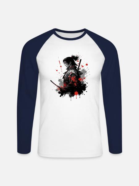 Conception d’aquarelle de guerrier samouraï - T-shirt baseball manches longues Homme - blanc/marine