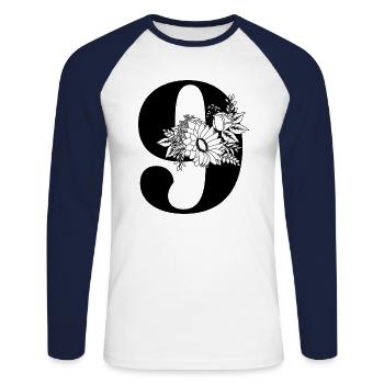 Nummer 9 Schwarze Blumen -9. Geburtstag Blumen - Unisex Baseballshirt langarm - Weiß/Navy - Vorne - Nik (191cm)