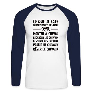 Chevaux, ce que je fais durant mon temps libre - T-shirt baseball manches longues Homme - blanc/marine - Devant - Nik (191cm)