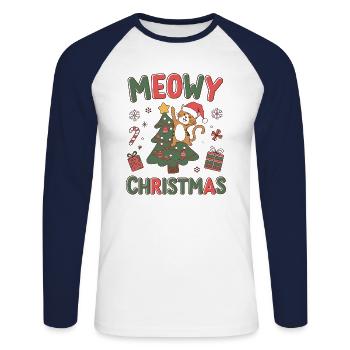 Meowy Christmas - Noël et Chat Fun - T-shirt baseball manches longues Homme - blanc/marine - Devant - Nik (191cm)