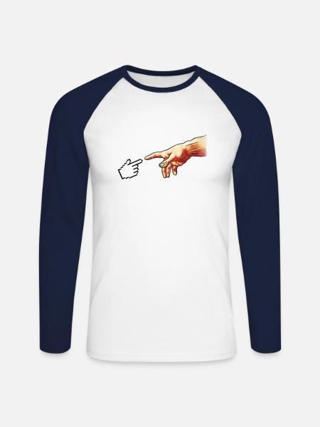 Funny 8bit Nerd & Geek Humor (Creation of Adam) - Langærmet herre-baseballshirt - hvid/marineblå