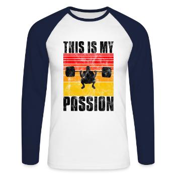 C’est ma passion Musculation Bodybuilder GYM - T-shirt baseball manches longues Homme - blanc/marine - Devant - Nik (191cm)