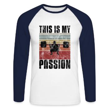 C’est ma passion Musculation Bodybuilder GYM - T-shirt baseball manches longues Homme - blanc/marine - Devant - Nik (191cm)