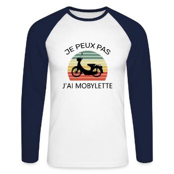 Je peux pas j’ai mobylette - T-shirt baseball manches longues Homme - blanc/marine - Devant - Nik (191cm)