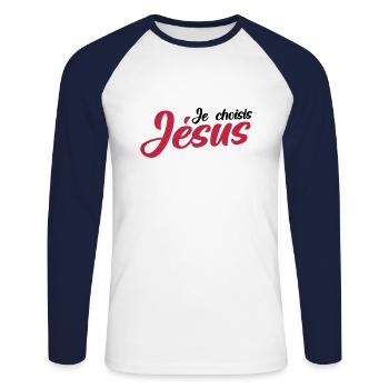 Je choisis Jésus - T-shirt baseball manches longues Homme - blanc/marine - Devant - Nik (191cm)