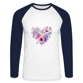 Aquarelle Cœur de Fleur - T-shirt baseball manches longues Homme - blanc/marine - Devant - Nik (191cm)
