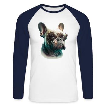 bouledogue avec lunettes de soleil humour - T-shirt baseball manches longues Homme - blanc/marine - Devant - Nik (191cm)