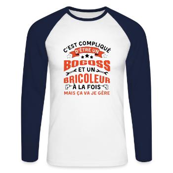 C est compliqué d être Bogoss et bricoleur - T-shirt baseball manches longues Homme - blanc/marine - Devant - Nik (191cm)