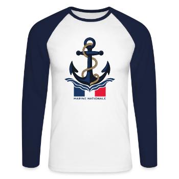 Marine Nationale - T-shirt baseball manches longues Homme - blanc/marine - Devant - Nik (191cm)