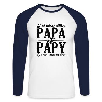 J'ai deux titres papa et papy - T-shirt baseball manches longues Homme - blanc/marine - Devant - Nik (191cm)