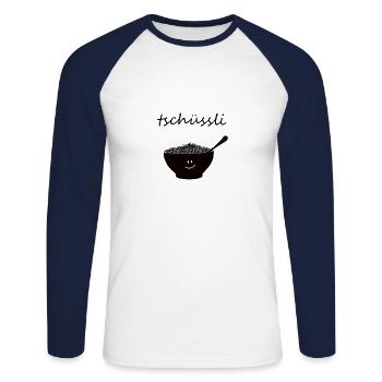 Tschüssli Müsli - Unisex Baseballshirt langarm - Weiß/Navy - Vorne - Nik (191cm)