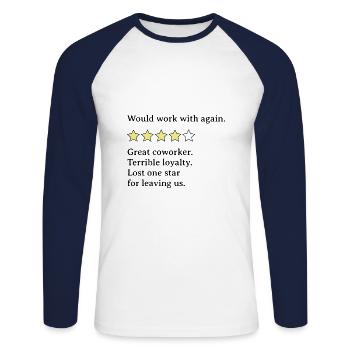 Mixed Coworker Feedback for leaving colleague - Unisex Long Sleeve Baseball T-Shirt - white/navy - Front - Nik (191cm)