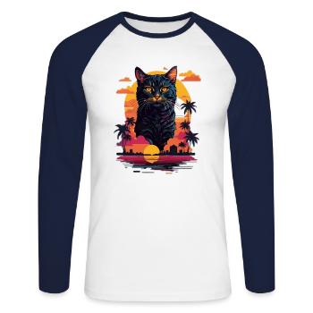 Katze am Strand - Unisex Baseballshirt langarm - Weiß/Navy - Vorne - Nik (191cm)