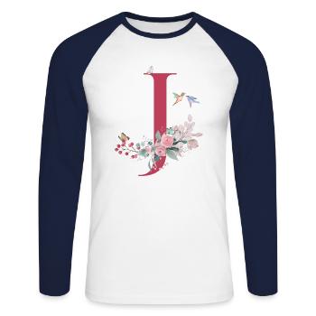 Buchstabe j floral - Geschenkidee - Unisex Baseballshirt langarm - Weiß/Navy - Vorne - Nik (191cm)