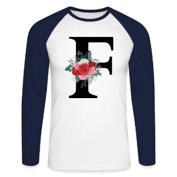 Roter Blumenbuchstabe F - Unisex Baseballshirt langarm - Weiß/Navy - Vorne - Nik (191cm)