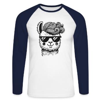 Lama alpaga coquin avec coiffure hipster - T-shirt baseball manches longues Homme - blanc/marine - Devant - Nik (191cm)