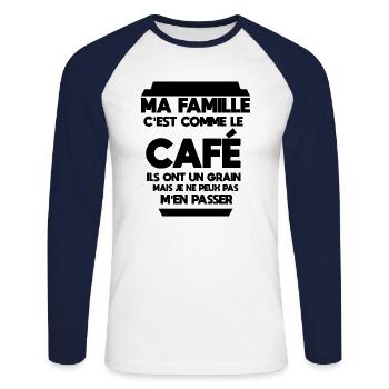 Ma famille c'est comme le café - T-shirt baseball manches longues Homme - blanc/marine - Devant - Nik (191cm)