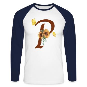 Buchstabe p Sonnenblumenschmetterling - Unisex Baseballshirt langarm - Weiß/Navy - Vorne - Nik (191cm)