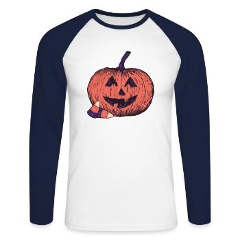 Pumpkin with Candy (Dark) - Unisex Long Sleeve Baseball T-Shirt - white/navy - Front - Nik (191cm)