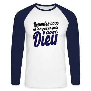 Soyez en paix avec Dieu - T-shirt baseball manches longues Homme - blanc/marine - Devant - Nik (191cm)