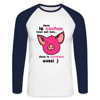 cochon tout est bon cohonne aussi - T-shirt baseball manches longues Homme - blanc/marine - Devant - Nik (191cm)