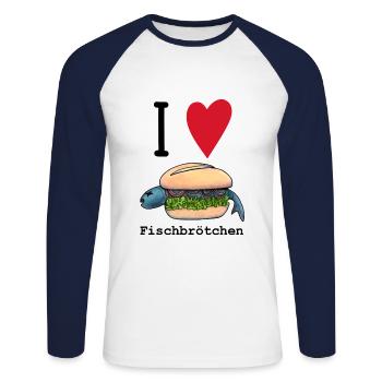 I love Fischbrötchen - Unisex Baseballshirt langarm - Weiß/Navy - Vorne - Nik (191cm)