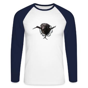 Curly Coated Black im Metall-Loch - Unisex Baseballshirt langarm - Weiß/Navy - Vorne - Nik (191cm)