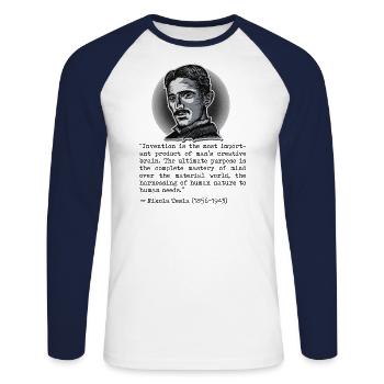 017 Citation L'invention de Nikola Tesla est la plus importante - T-shirt baseball manches longues Homme - blanc/marine - Devant - Nik (191cm)