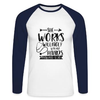 She Works Willingly With Her Hands.png.png - Unisex Baseballshirt langarm - Weiß/Navy - Vorne - Nik (191cm)