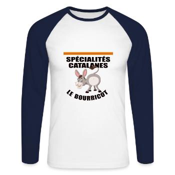 Spécialités catalanes - Le bourricot - T-shirt baseball manches longues Homme - blanc/marine - Devant - Nik (191cm)