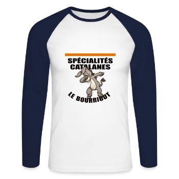 Spécialités catalanes - Le bourricot - T-shirt baseball manches longues Homme - blanc/marine - Devant - Nik (191cm)