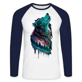 Aurora borealis in Form eines Wolfes im Wald - Unisex Baseballshirt langarm - Weiß/Navy - Vorne - Nik (191cm)