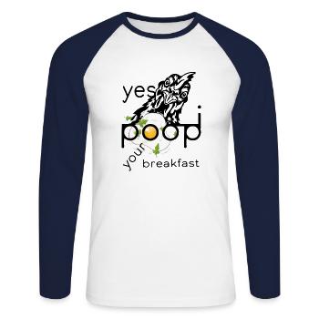 Conception de poulet avec œuf au plat - drôle de dicton animal - T-shirt baseball manches longues Homme - blanc/marine - Devant - Nik (191cm)