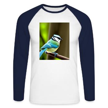 Cool Comic Portrait d’une mésange bleue dans la forêt - T-shirt baseball manches longues Homme - blanc/marine - Devant - Nik (191cm)