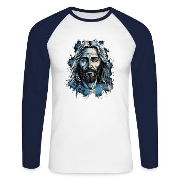 Jésus-Christ #02 - T-shirt baseball manches longues Homme - blanc/marine - Devant - Nik (191cm)