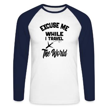 Excuse Me While I Travel The World-World map 2024 - T-shirt baseball manches longues Homme - blanc/marine - Devant - Nik (191cm)