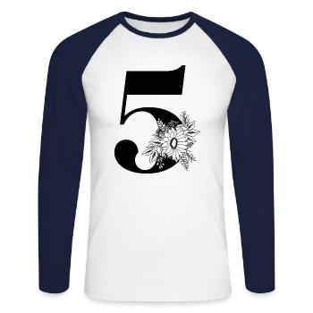 Nummer 5 Schwarze Blumen - 5. Blumenjubiläum - Unisex Baseballshirt langarm - Weiß/Navy - Vorne - Nik (191cm)