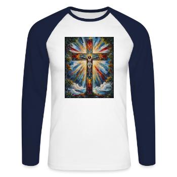Suffering and Glory - Unisex Long Sleeve Baseball T-Shirt - white/navy - Front - Nik (191cm)