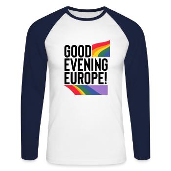 Guten Abend Europa - Unisex Baseballshirt langarm - Weiß/Navy - Vorne - Nik (191cm)